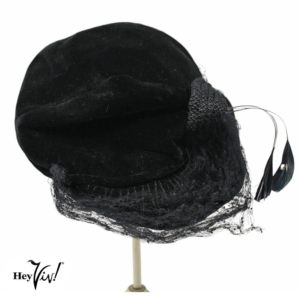 Vintage 1930s Black Velvet Hat Braid Trim and Feathers with Rhinestones -Hey Viv - Picture 3 of 7